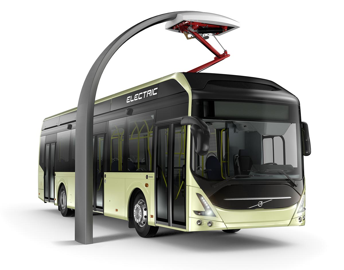 Illustrasjon av en Volvo 7900 elektrisk buss ved pantograf ladestasjon.