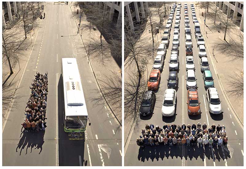 Sammenligning av personbiler og tilsvarende antall passasjerer i buss